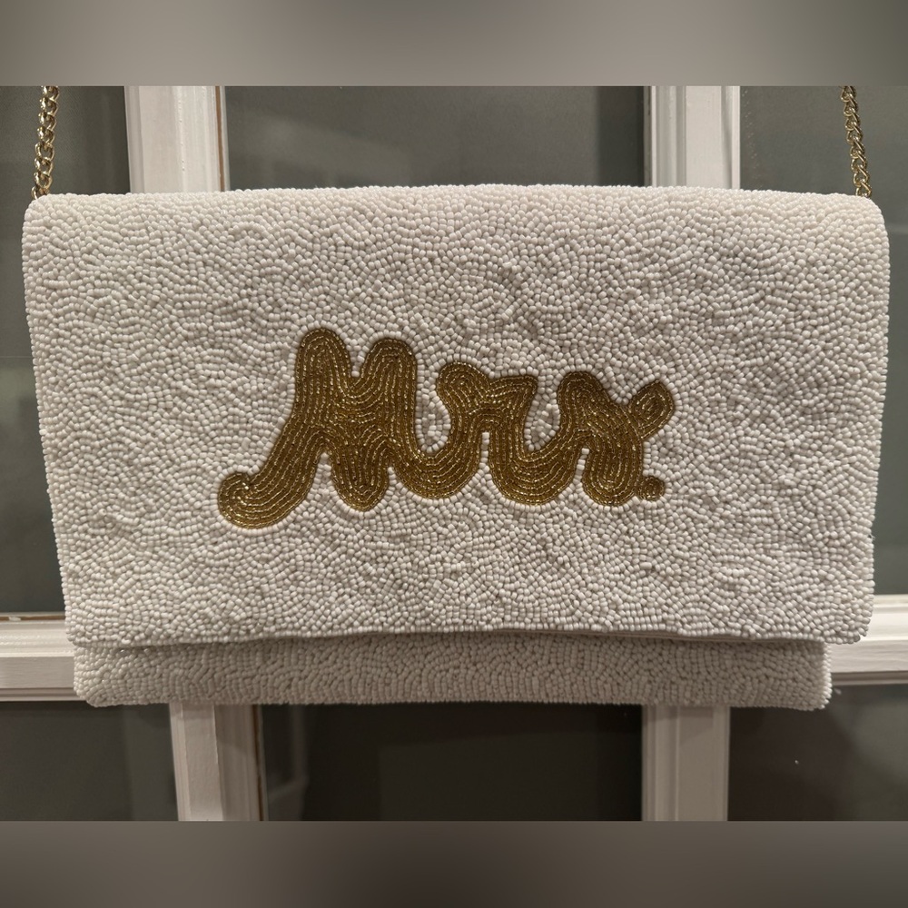 White and Gold Beaded 'Mrs' Clutch